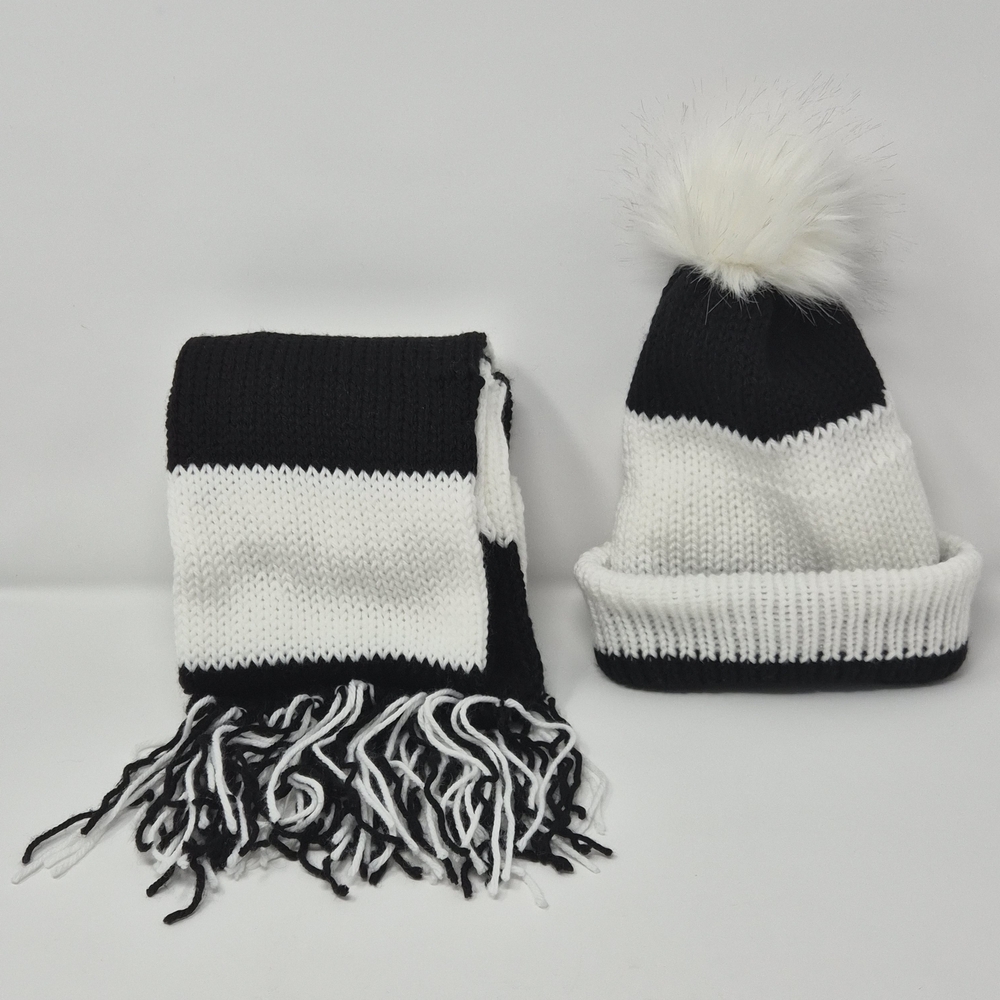 Adult Black and White Knit Hat and Scarf Set